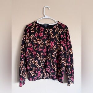 Lands' End Black and Pink Floral Cardigan 100% Supima Cardigan Large